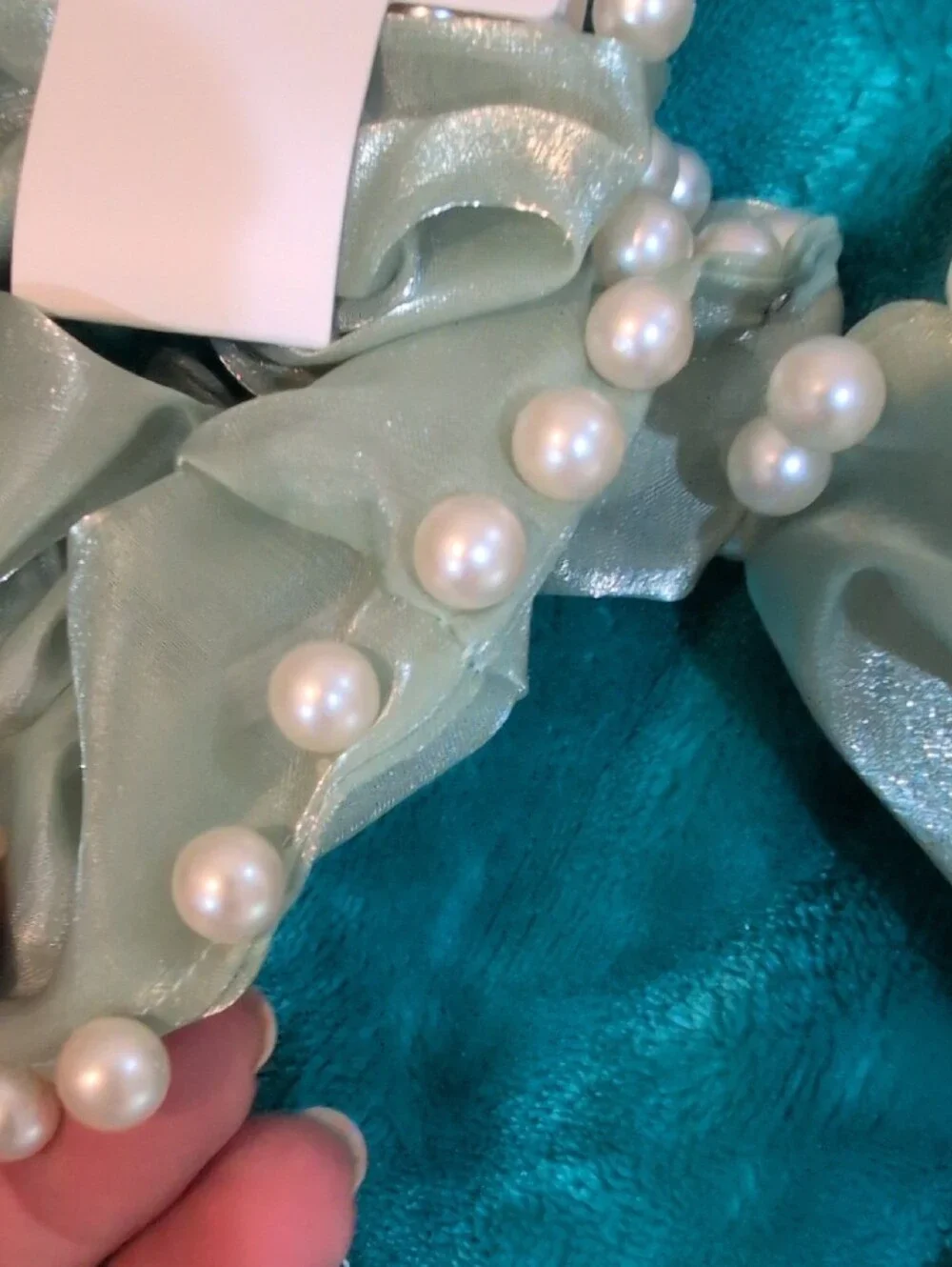Mint Pearl-Trim Scrunchies - Set of 2